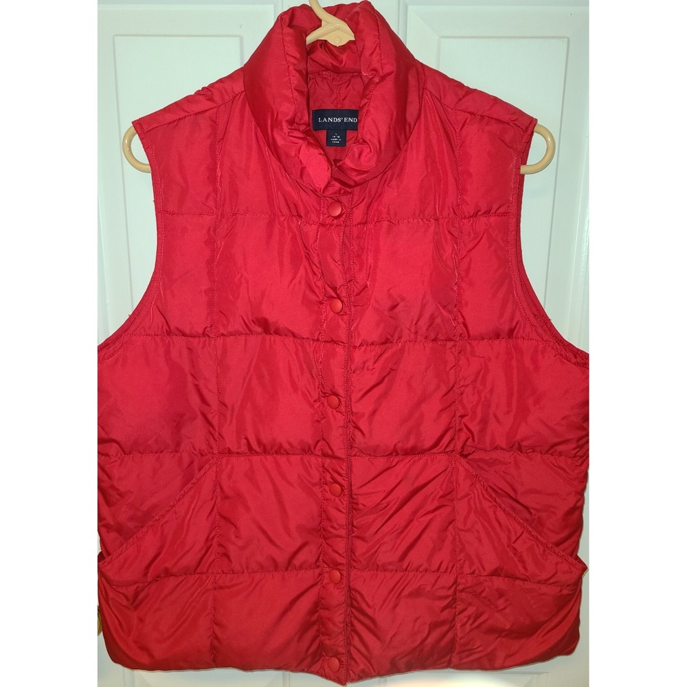 Lands' End Goose Down vest Red Sz L 14-16 Snap front. Medium weight Soft Cozy